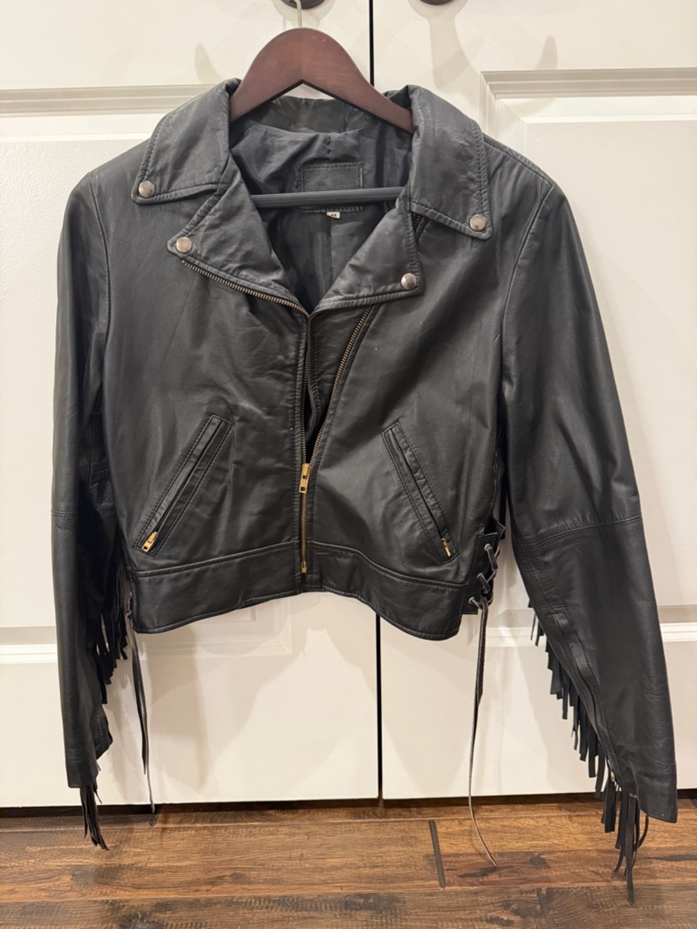 Cropped Black Leather Fringe Moto Jacket